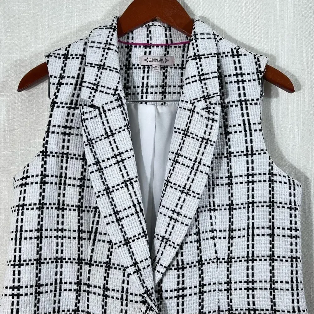 Nanette Lepore Black & White Woven Tweed Plaid One Button Blazer Vest Size M